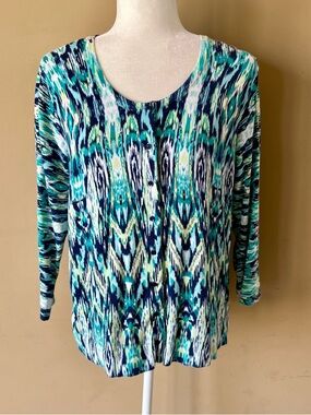 Studio Works Large Green Blue White Cardigan Sweater Shirt
